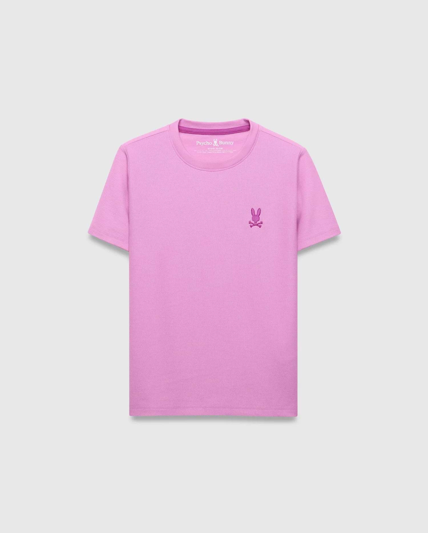 Kids Taylor Pique Tee, vibrant pink classic fit pique knit with a small embroidered darker magenta Psycho Bunny skull logo on the left chest and matching inner neck tape.