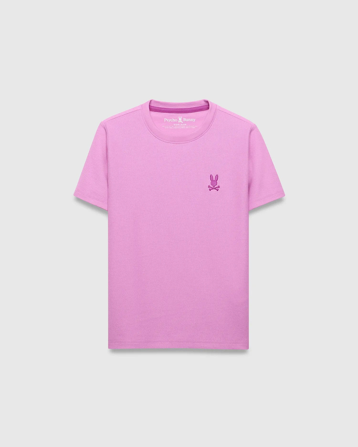 Kids Taylor Pique Tee, vibrant pink classic fit pique knit with a small embroidered darker magenta Psycho Bunny skull logo on the left chest and matching inner neck tape.