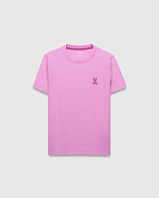 Kids Taylor Pique Tee, vibrant pink classic fit pique knit with a small embroidered darker magenta Psycho Bunny skull logo on the left chest and matching inner neck tape.