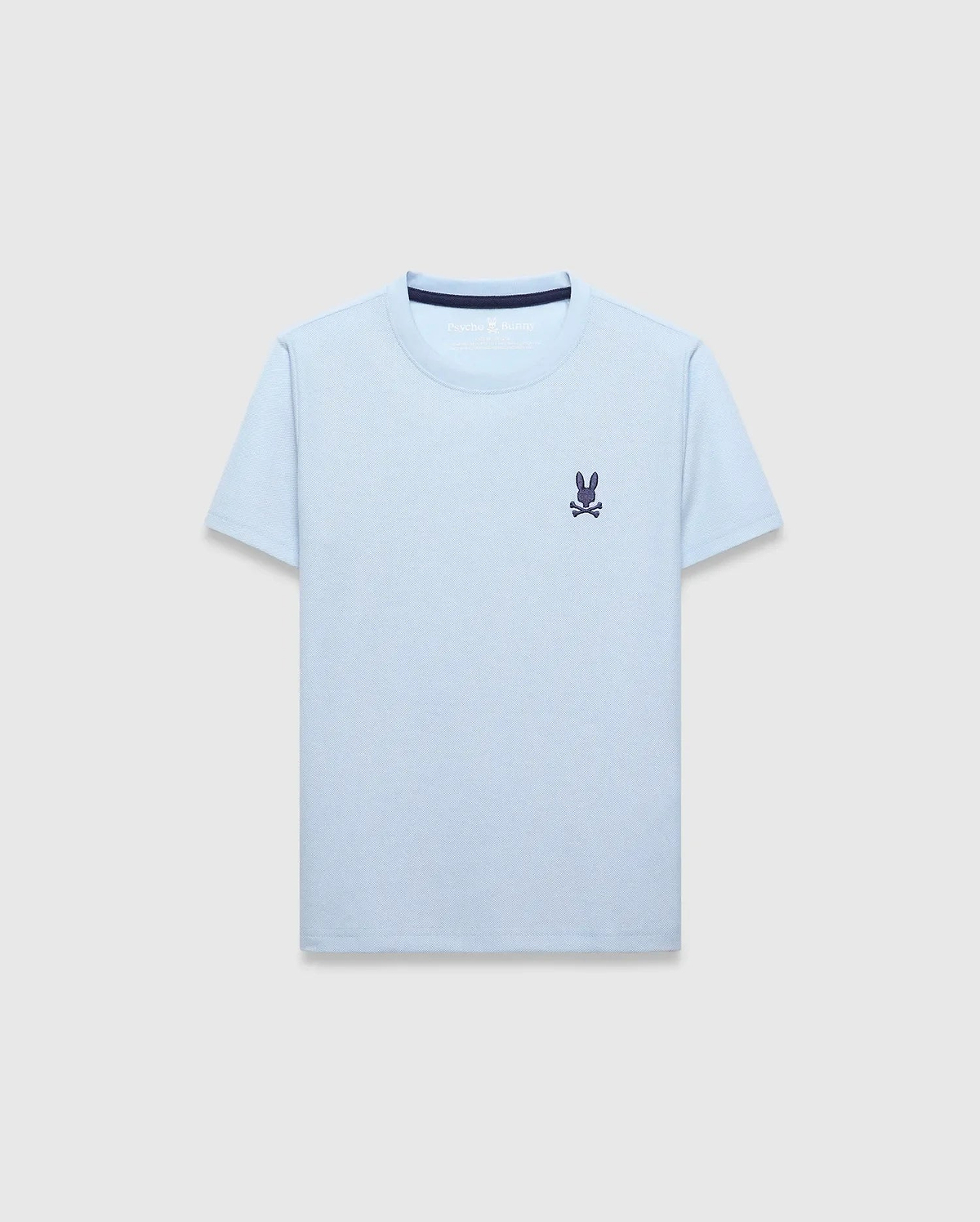 Kids Taylor Pique Tee, light blue classic fit pique knit t-shirt with a small dark purple embroidered Psycho Bunny skull logo on the left chest and dark blue neck tape.