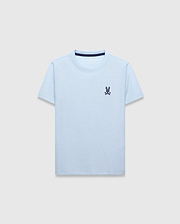 Kids Taylor Pique Tee, light blue classic fit pique knit t-shirt with a small dark purple embroidered Psycho Bunny skull logo on the left chest and dark blue neck tape.