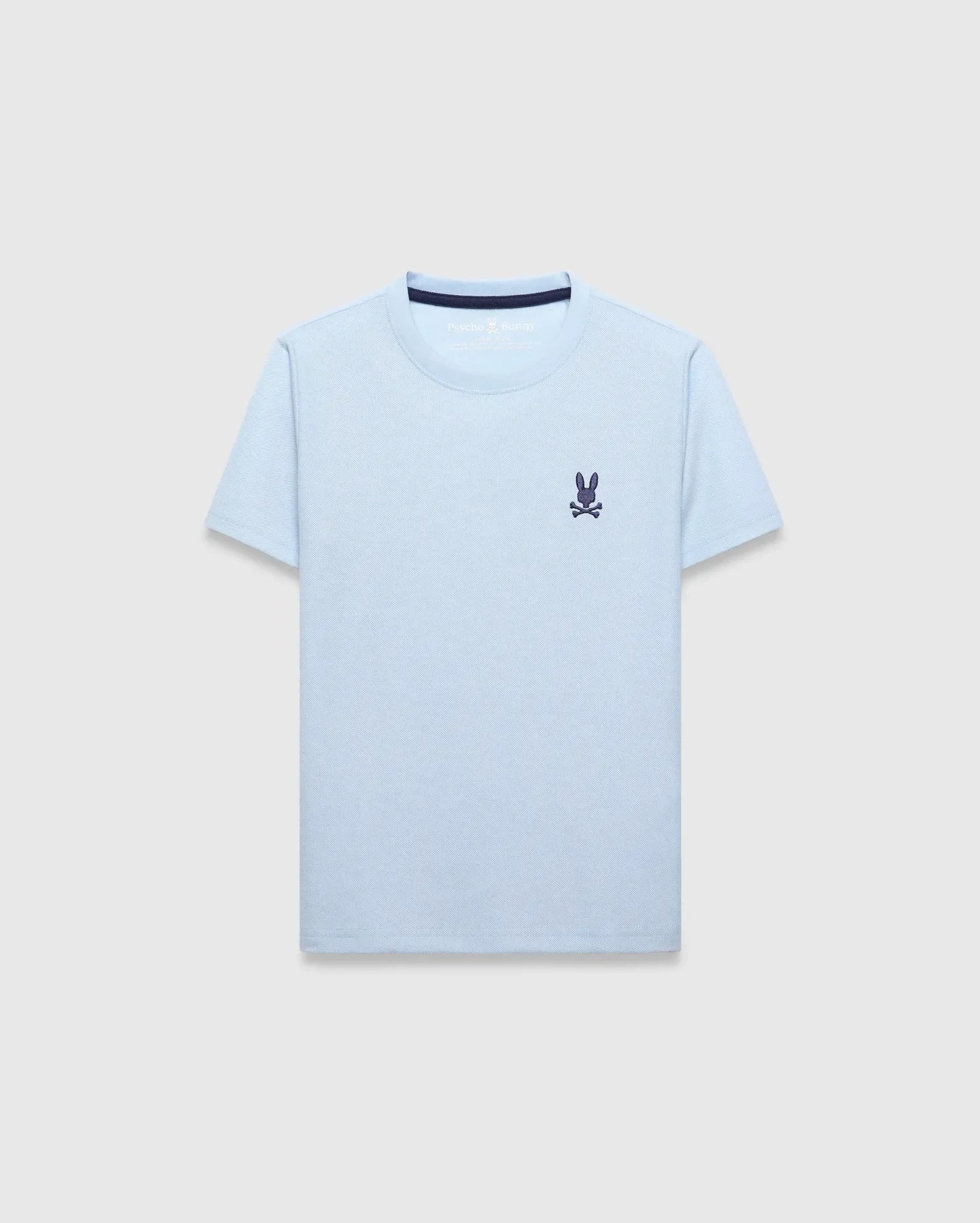 Kids Taylor Pique Tee, light blue classic fit pique knit t-shirt with a small dark purple embroidered Psycho Bunny skull logo on the left chest and dark blue neck tape.
