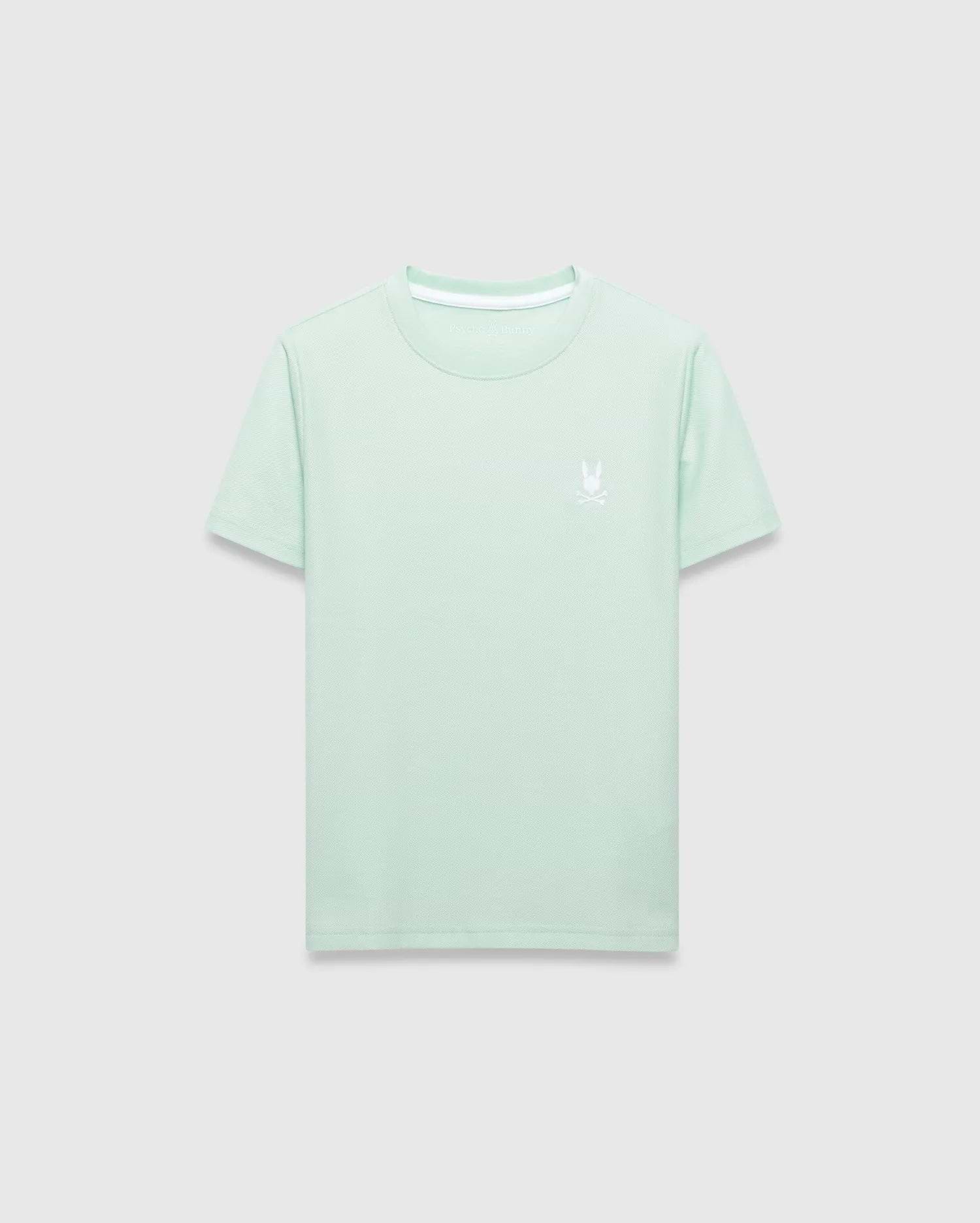Kids Taylor Pique Tee in a fresh mint green, crafted from a textured pique knit for a classic fit. It features a small, crisp white embroidered Psycho Bunny skull logo on the left chest and subtle white inner neck tape branding.