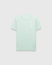 Kids Taylor Pique Tee in a fresh mint green, crafted from a textured pique knit for a classic fit. It features a small, crisp white embroidered Psycho Bunny skull logo on the left chest and subtle white inner neck tape branding.