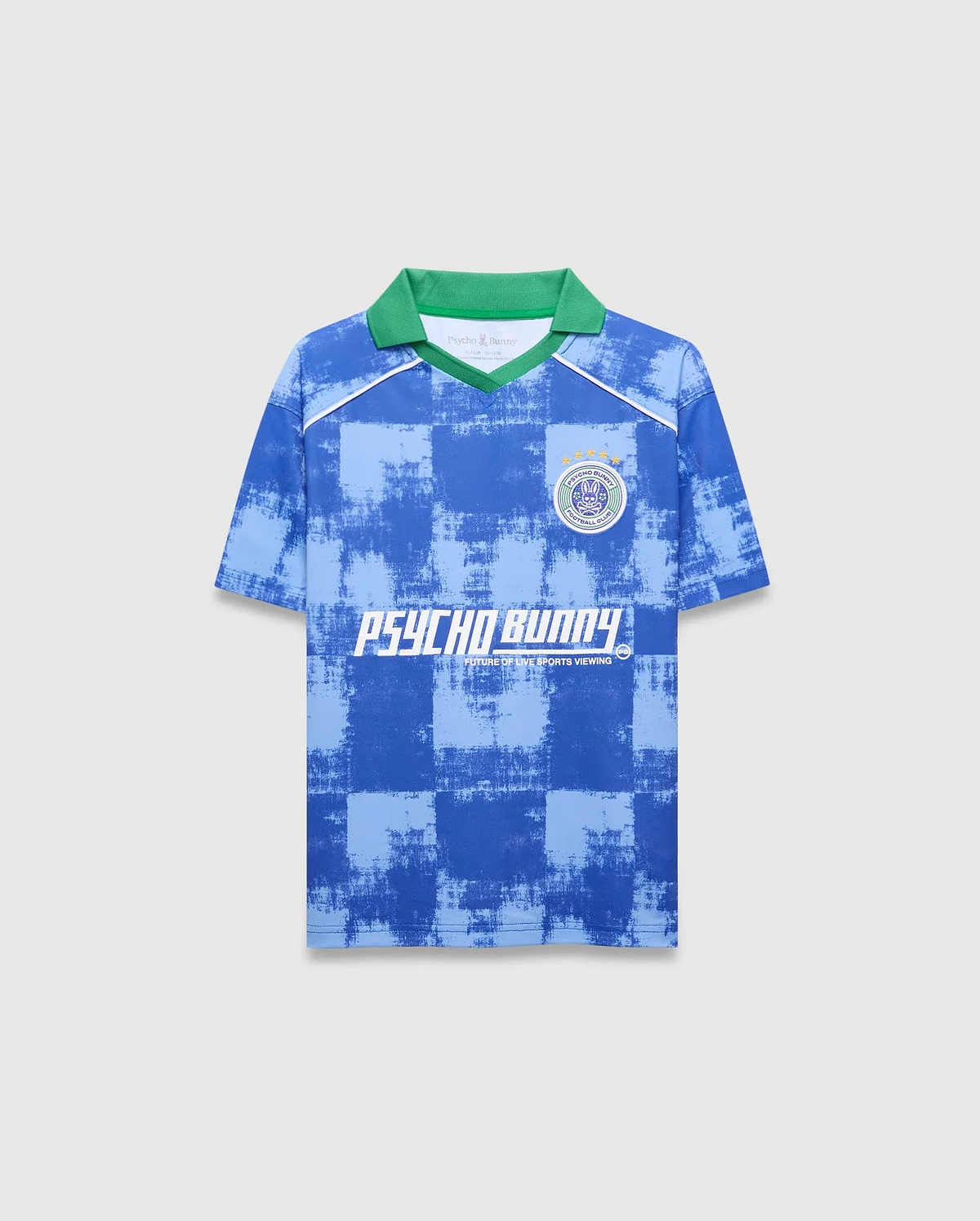Kids Micah Oversized Soccer Jersey, blue distressed checkerboard with green collar, white V-neck trim, and shoulder stripes. Chest has a Psycho Bunny Football Club patch and Psycho Bunny text.
