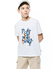 Kids Wes Graphic Tee, a white classic fit jersey t-shirt featuring a large central PSYBNY graphic with a colorful pixelated background and a small Psycho Bunny skull logo.