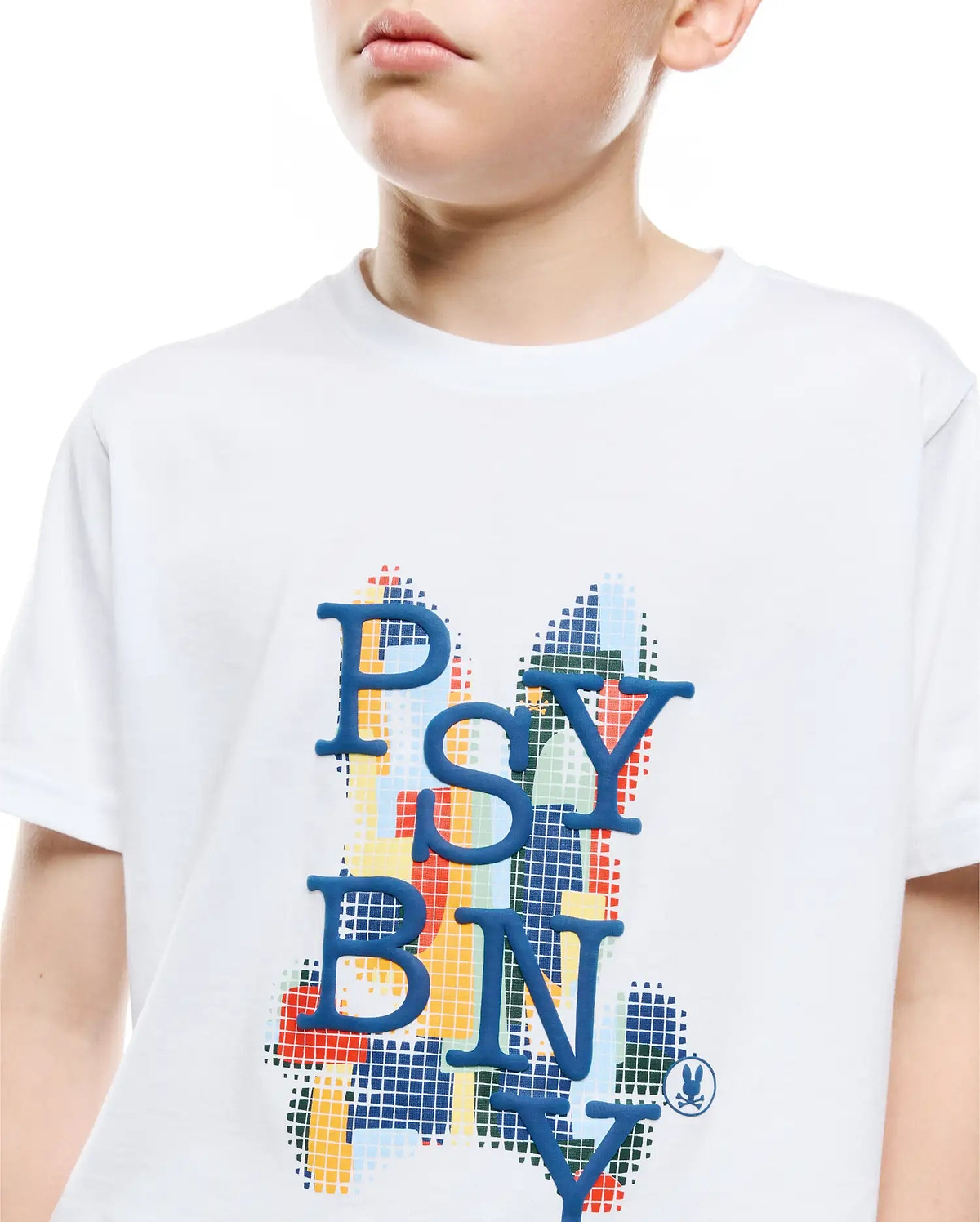 Vibrant Kids Wes Graphic Tee, a classic fit white jersey t-shirt with a large central raised blue PSYBNY text graphic over a colorful pixelated background and a small blue Psycho Bunny skull logo.