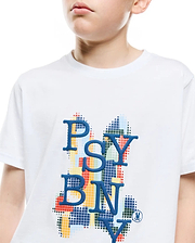 Vibrant Kids Wes Graphic Tee, a classic fit white jersey t-shirt with a large central raised blue PSYBNY text graphic over a colorful pixelated background and a small blue Psycho Bunny skull logo.