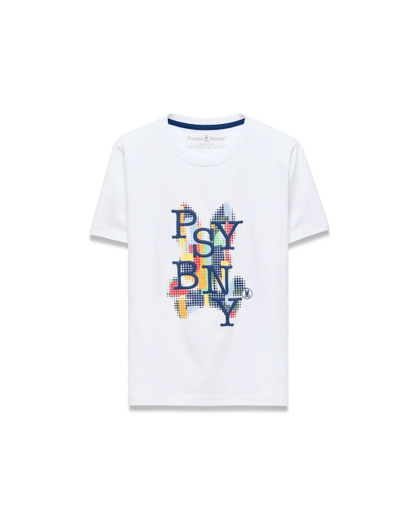 Kids Wes Graphic Tee, white classic fit jersey t-shirt featuring a large central pixelated multicolor PSYCHO BUNNY text graphic in a bunny skull shape, with a small back neck logo.
