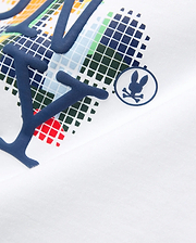 White Kids Wes Graphic Tee featuring a bold, raised navy blue letter graphic over a vibrant pixelated pattern, with a small navy Psycho Bunny skull logo on the chest.