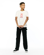 Premium cream jersey Kids Alex Relaxed Back Graphic Tee, featuring a bold red iconic Psycho Bunny skull logo and repeated text graphic on the center chest for refined streetwear style.