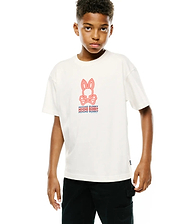 Kids Alex Relaxed Back Graphic Tee in ecru jersey, featuring a large red outline Psycho Bunny skull and crossbones logo with stacked red and blue Psycho Bunny text on the center chest, offering a relaxed fit.