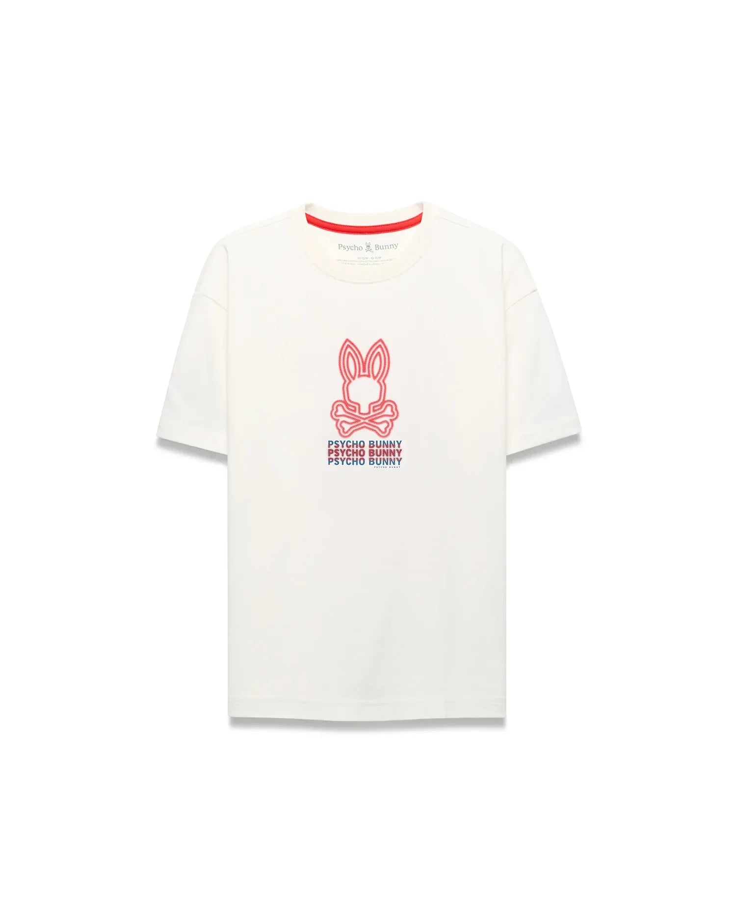 Kids Alex Relaxed Back Graphic Tee, an ecru jersey t-shirt with a relaxed fit, features a large central red and blue Psycho Bunny skull logo and repeated text graphic on the front, accented by a red inner collar.
