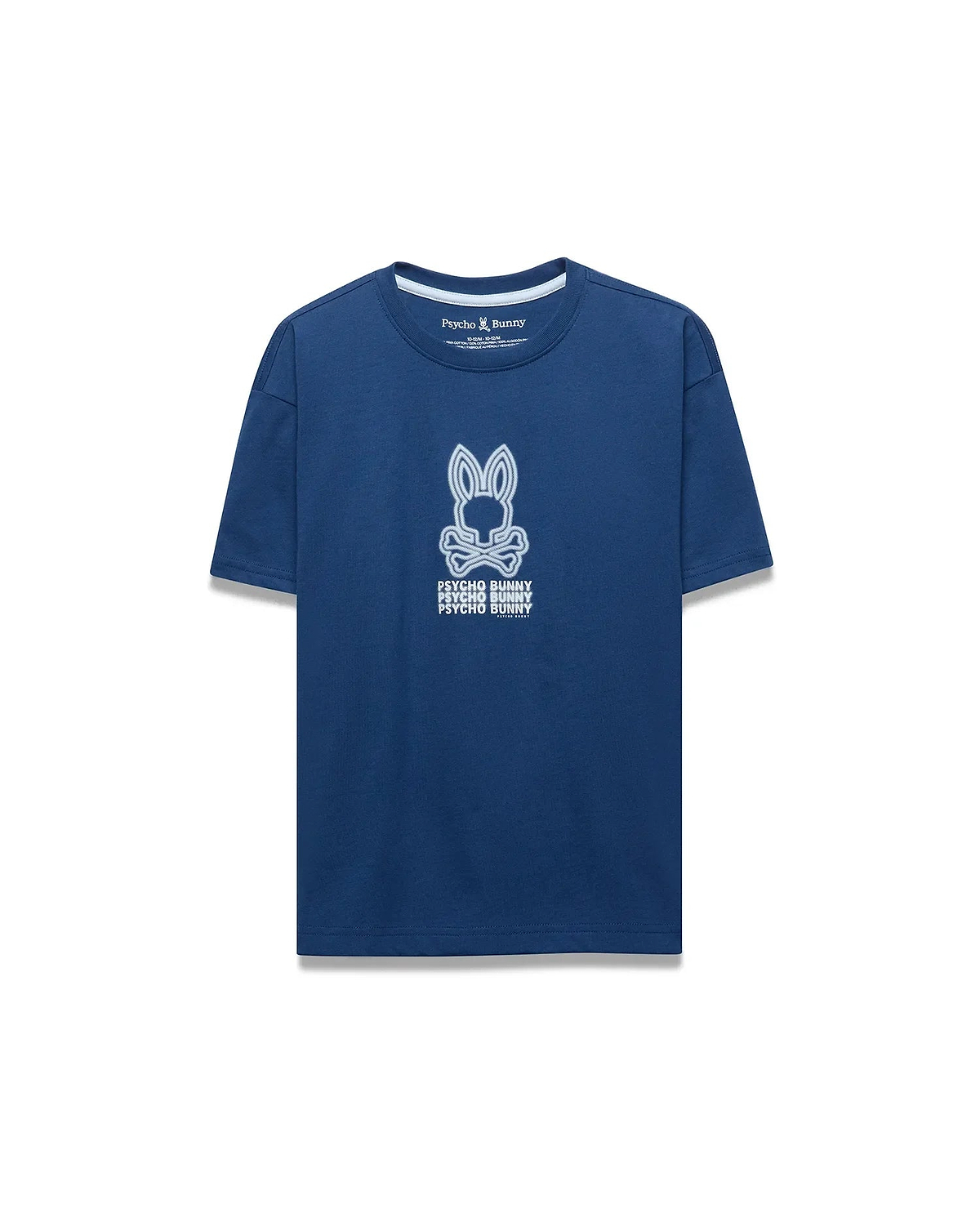 Premium Kids Alex Relaxed Back Graphic Tee in deep navy blue jersey, showcasing a large white Psycho Bunny skull logo and stacked text graphic on the back.