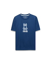 Premium Kids Alex Relaxed Back Graphic Tee in deep navy blue jersey, showcasing a large white Psycho Bunny skull logo and stacked text graphic on the back.