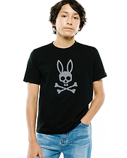 Kids Stan Graphic Tee, black classic fit jersey t-shirt featuring a large white checkered Psycho Bunny skull and crossbones graphic centered on the chest.