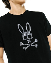 Psycho Bunny Kids Stan Graphic Tee in black, a classic fit jersey t-shirt with a prominent, embroidered black and white checkered bunny skull and crossbones logo on the chest.