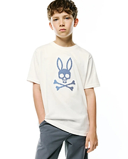 Kids Stan Graphic Tee, a cream classic fit soft jersey knit t-shirt featuring a large, centered blue checkered Psycho Bunny skull and crossbones graphic.