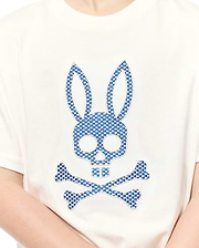 Kids Stan Graphic Tee, an off-white jersey t-shirt featuring a large, central embroidered Psycho Bunny skull and crossbones logo with a blue and white checkered pattern.