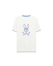 Kids Stan Graphic Tee, a white classic fit jersey t-shirt featuring a large blue Psycho Bunny skull and crossbones graphic on the chest with a patterned fill and blue interior neck tape.
