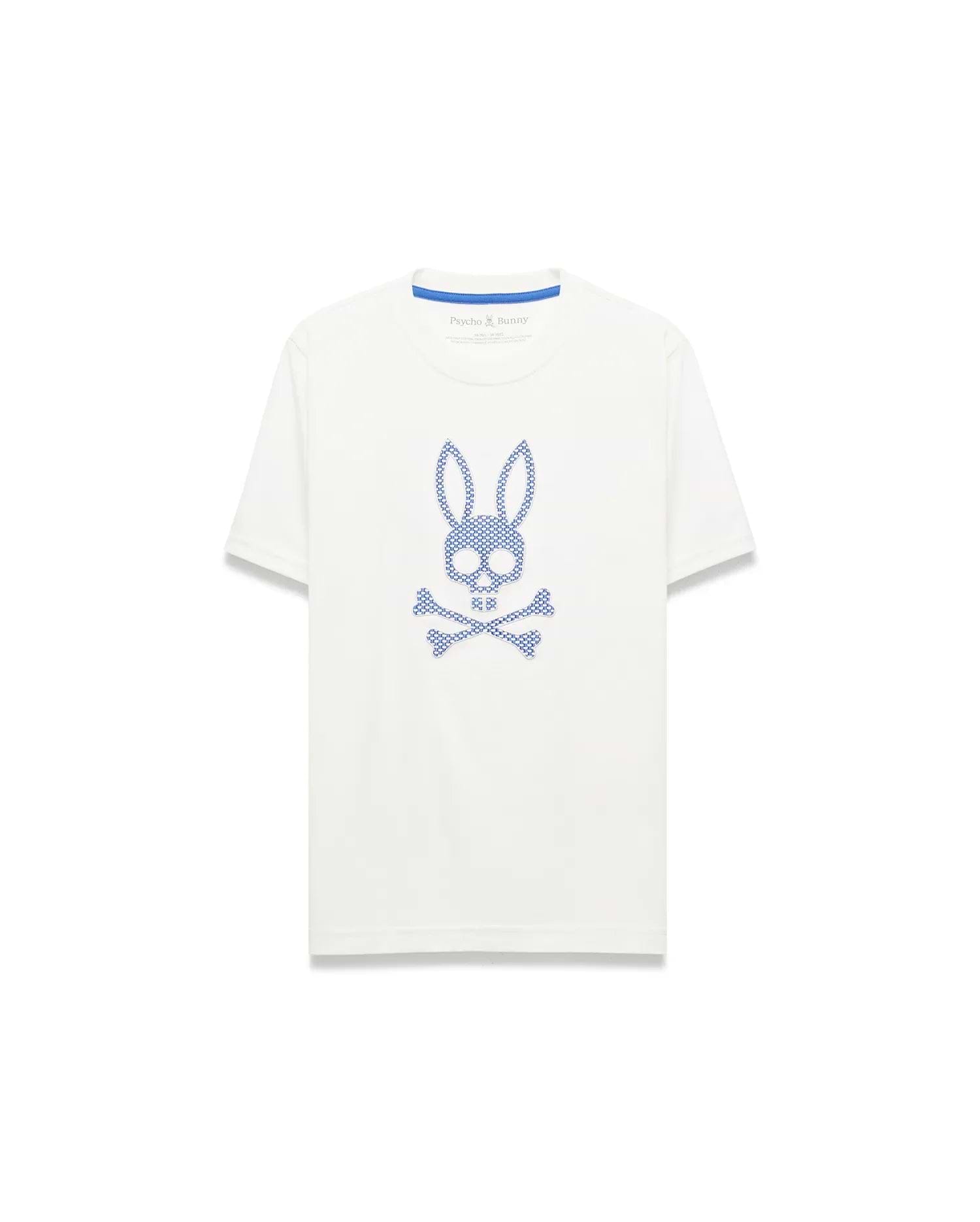 Kids Stan Graphic Tee, a white classic fit jersey t-shirt featuring a large blue Psycho Bunny skull and crossbones graphic on the chest with a patterned fill and blue interior neck tape.