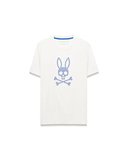 Kids Stan Graphic Tee, a white classic fit jersey t-shirt featuring a large blue Psycho Bunny skull and crossbones graphic on the chest with a patterned fill and blue interior neck tape.