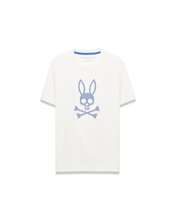 Kids Stan Graphic Tee, a white classic fit jersey t-shirt featuring a large blue Psycho Bunny skull and crossbones graphic on the chest with a patterned fill and blue interior neck tape.