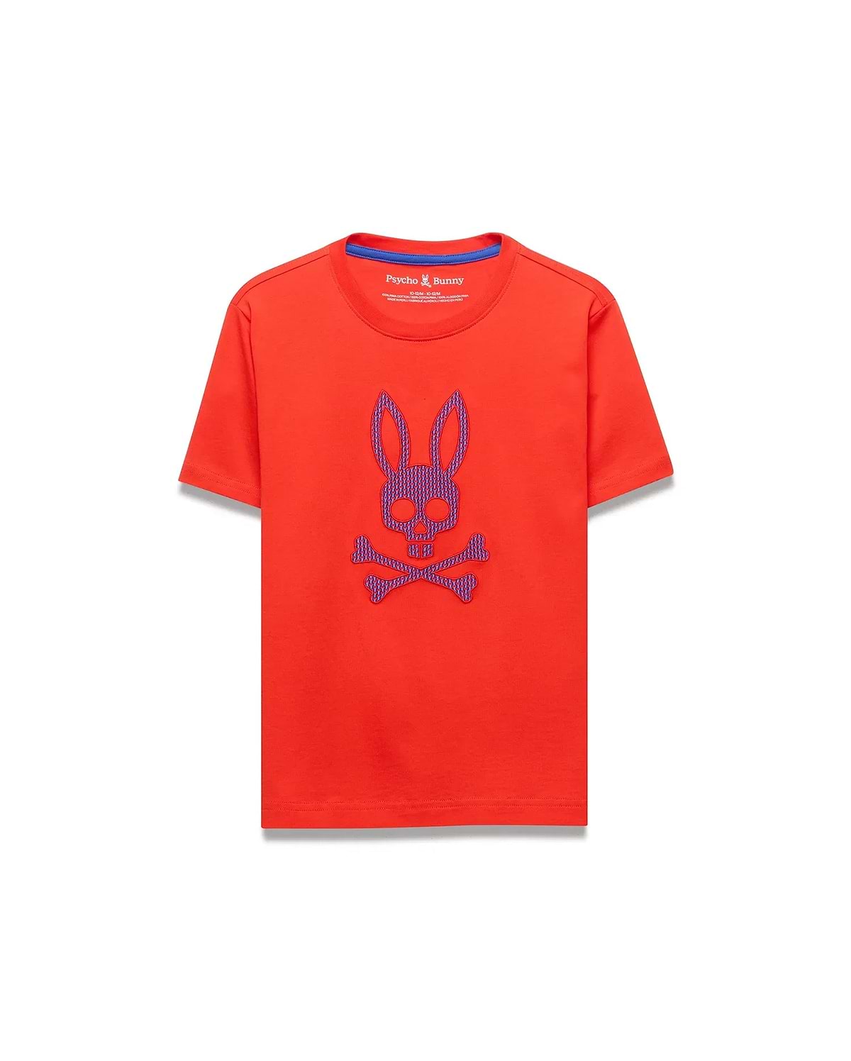Kids Stan Graphic Tee in vibrant orange, featuring a large, textured purple and blue embroidered Psycho Bunny skull logo on the center chest, with a classic fit and smooth jersey knit fabric.