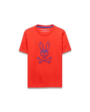 Kids Stan Graphic Tee in vibrant orange, featuring a large, textured purple and blue embroidered Psycho Bunny skull logo on the center chest, with a classic fit and smooth jersey knit fabric.