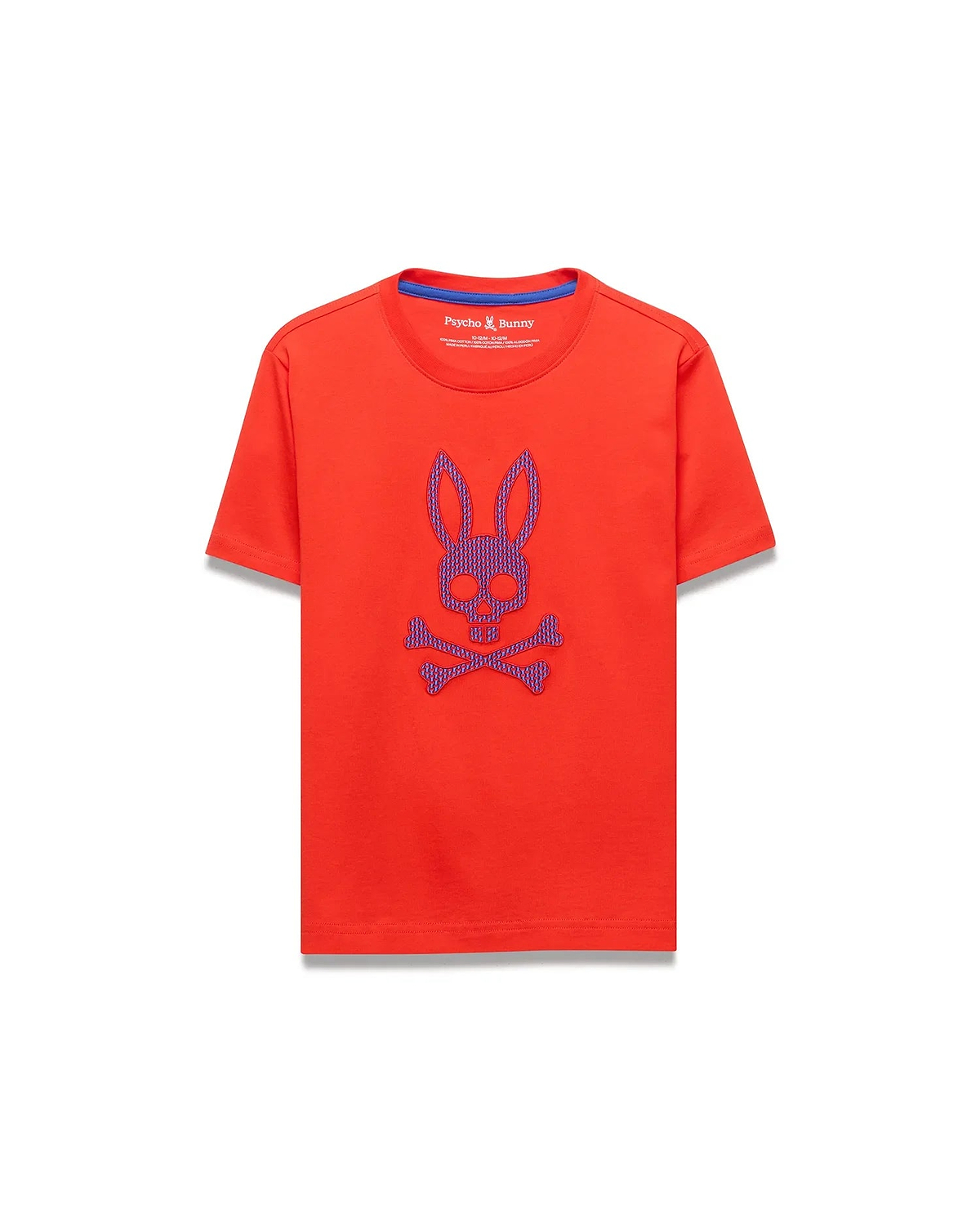Kids Stan Graphic Tee in vibrant orange, featuring a large, textured purple and blue embroidered Psycho Bunny skull logo on the center chest, with a classic fit and smooth jersey knit fabric.