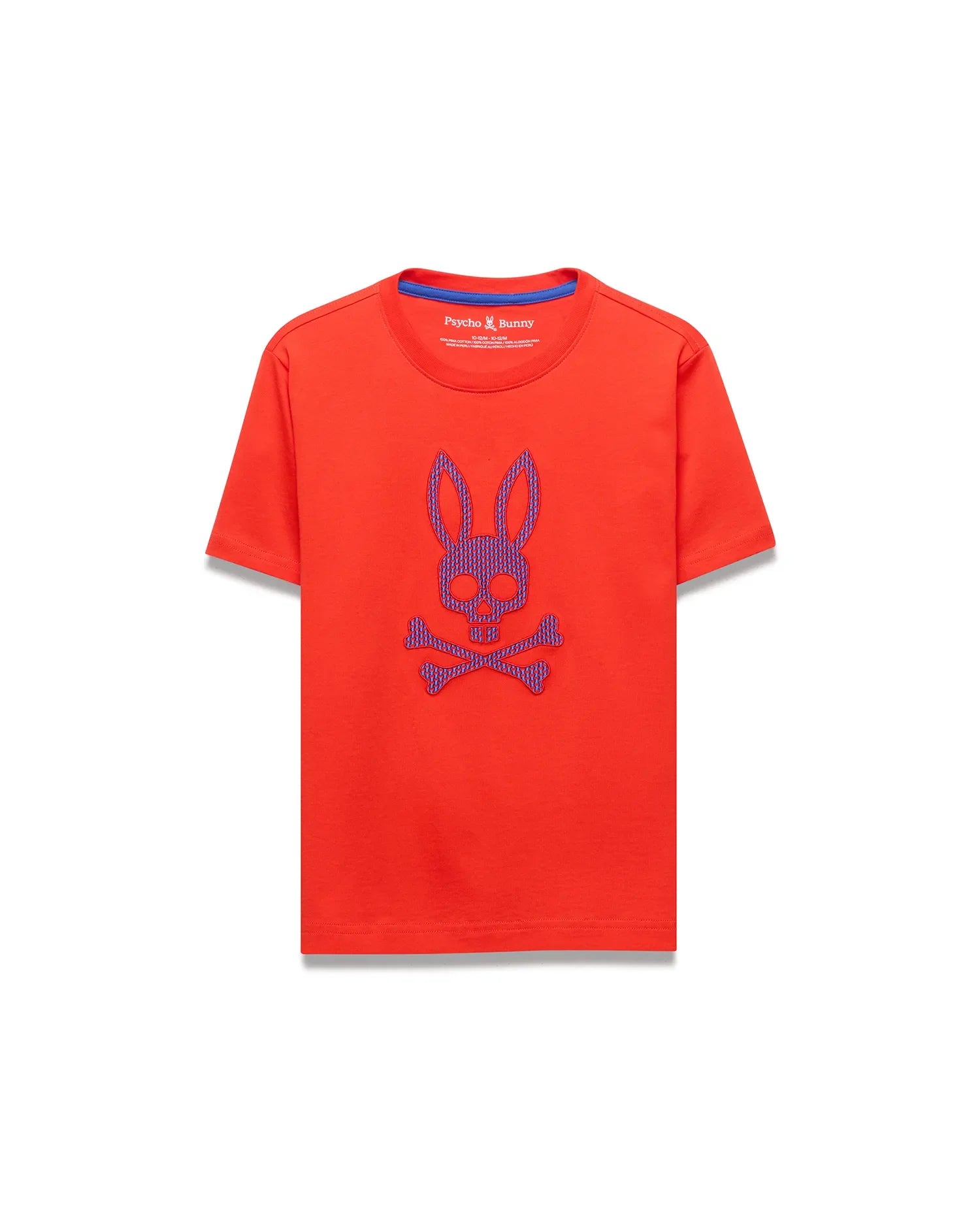 Kids Stan Graphic Tee in vibrant orange, featuring a large, textured purple and blue embroidered Psycho Bunny skull logo on the center chest, with a classic fit and smooth jersey knit fabric.