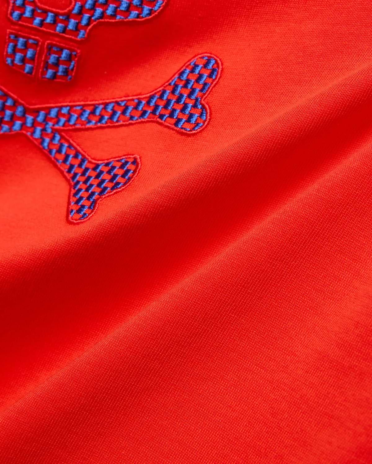 Kids Stan Graphic Tee in bright red jersey knit, showcasing a prominent embroidered Psycho Bunny skull logo with a striking blue checkered pattern.