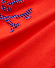Kids Stan Graphic Tee in bright red jersey knit, showcasing a prominent embroidered Psycho Bunny skull logo with a striking blue checkered pattern.