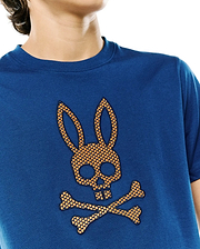 Kids Stan Graphic Tee, a classic fit deep blue jersey t-shirt featuring a prominent, textured orange and black checkered Psycho Bunny skull and crossbones logo on the chest.