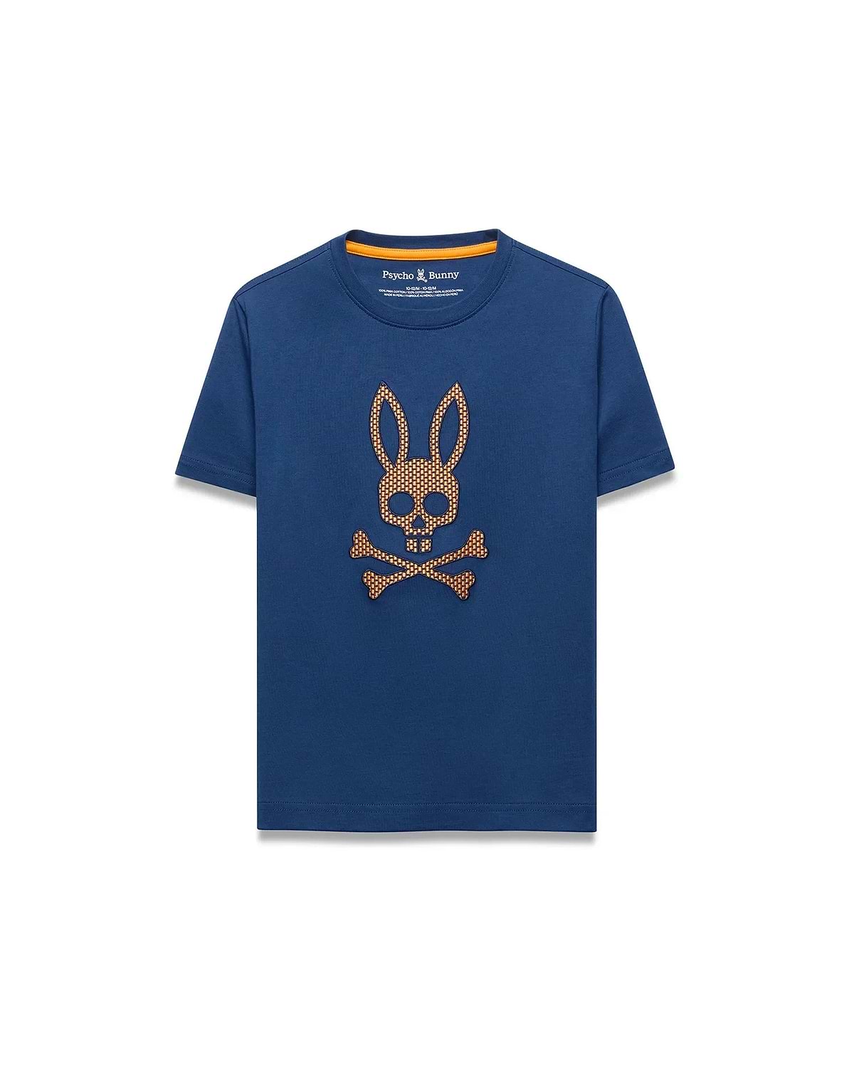 Kids Stan Graphic Tee. Navy blue classic fit jersey t-shirt with an orange neck trim and a large, central, textured orange/gold Psycho Bunny skull logo featuring a grid pattern.