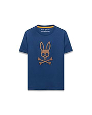 Kids Stan Graphic Tee. Navy blue classic fit jersey t-shirt with an orange neck trim and a large, central, textured orange/gold Psycho Bunny skull logo featuring a grid pattern.