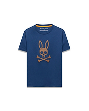Kids Stan Graphic Tee. Navy blue classic fit jersey t-shirt with an orange neck trim and a large, central, textured orange/gold Psycho Bunny skull logo featuring a grid pattern.