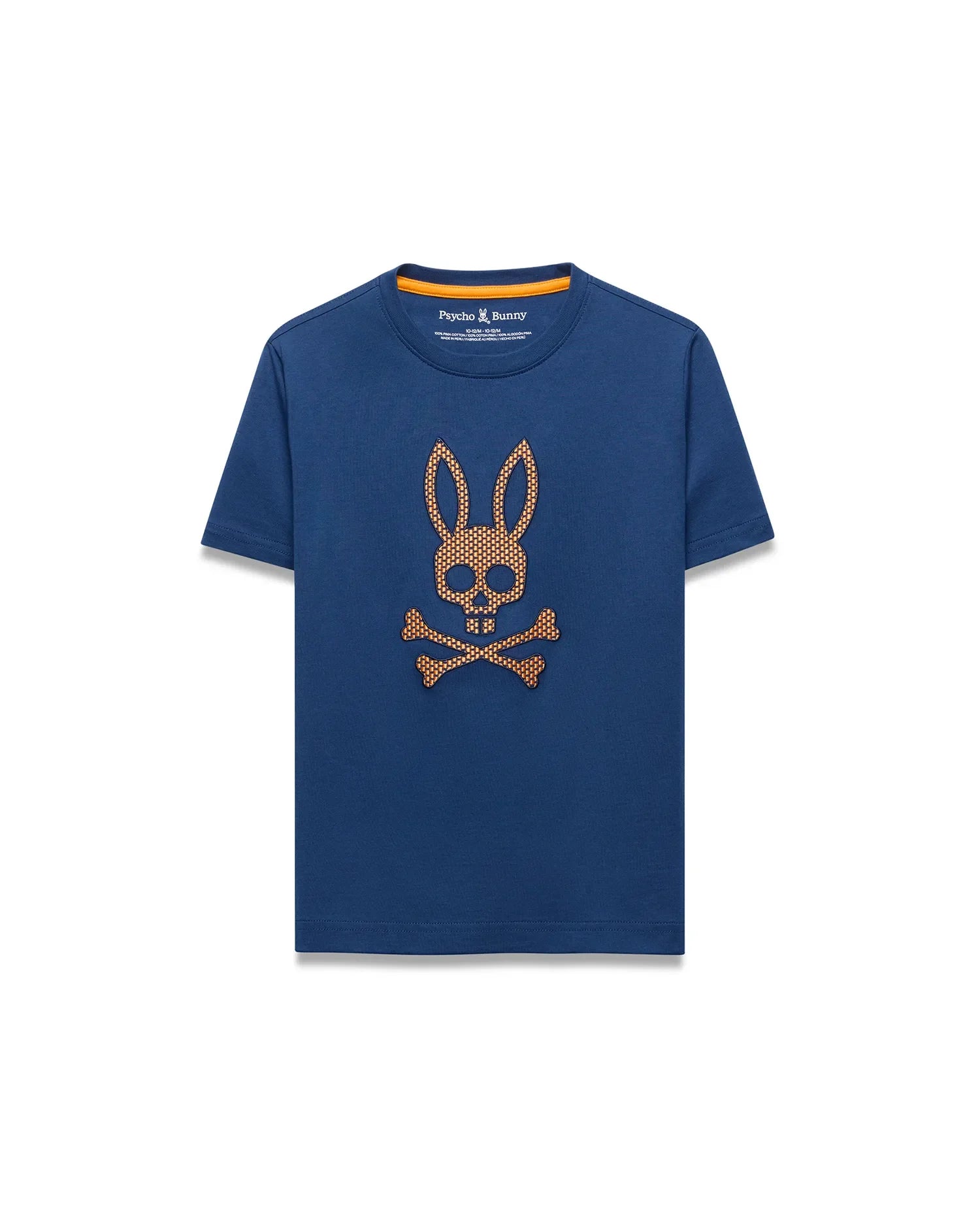 Kids Stan Graphic Tee. Navy blue classic fit jersey t-shirt with an orange neck trim and a large, central, textured orange/gold Psycho Bunny skull logo featuring a grid pattern.