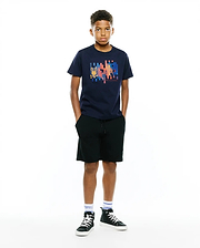 Kids Zander Graphic Tee in navy, featuring a classic fit and soft jersey fabric. A large, multicolor pixelated graphic with the Psycho Bunny skull logo and text is centered on the chest.