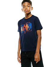 Kids Zander Graphic Tee, a navy blue classic fit jersey t-shirt featuring a large multi-color pixelated Psycho Bunny skull logo and PSYCHO BUNNY text graphic on the chest.