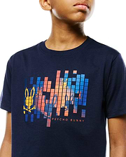 Kids Zander Graphic Tee in navy jersey, featuring a large pixelated chest graphic with orange, blue, and yellow Psycho Bunny skull logos and text, in a classic fit.