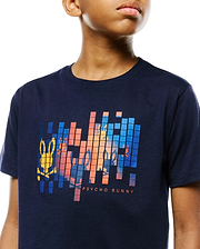 Kids Zander Graphic Tee in navy jersey, featuring a large pixelated chest graphic with orange, blue, and yellow Psycho Bunny skull logos and text, in a classic fit.