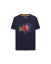 Kids Zander Graphic Tee in navy blue jersey, classic fit, with a large pixelated Psycho Bunny skull logo graphic in yellow, orange, red, blue, and brand text on the chest, plus orange neck tape.