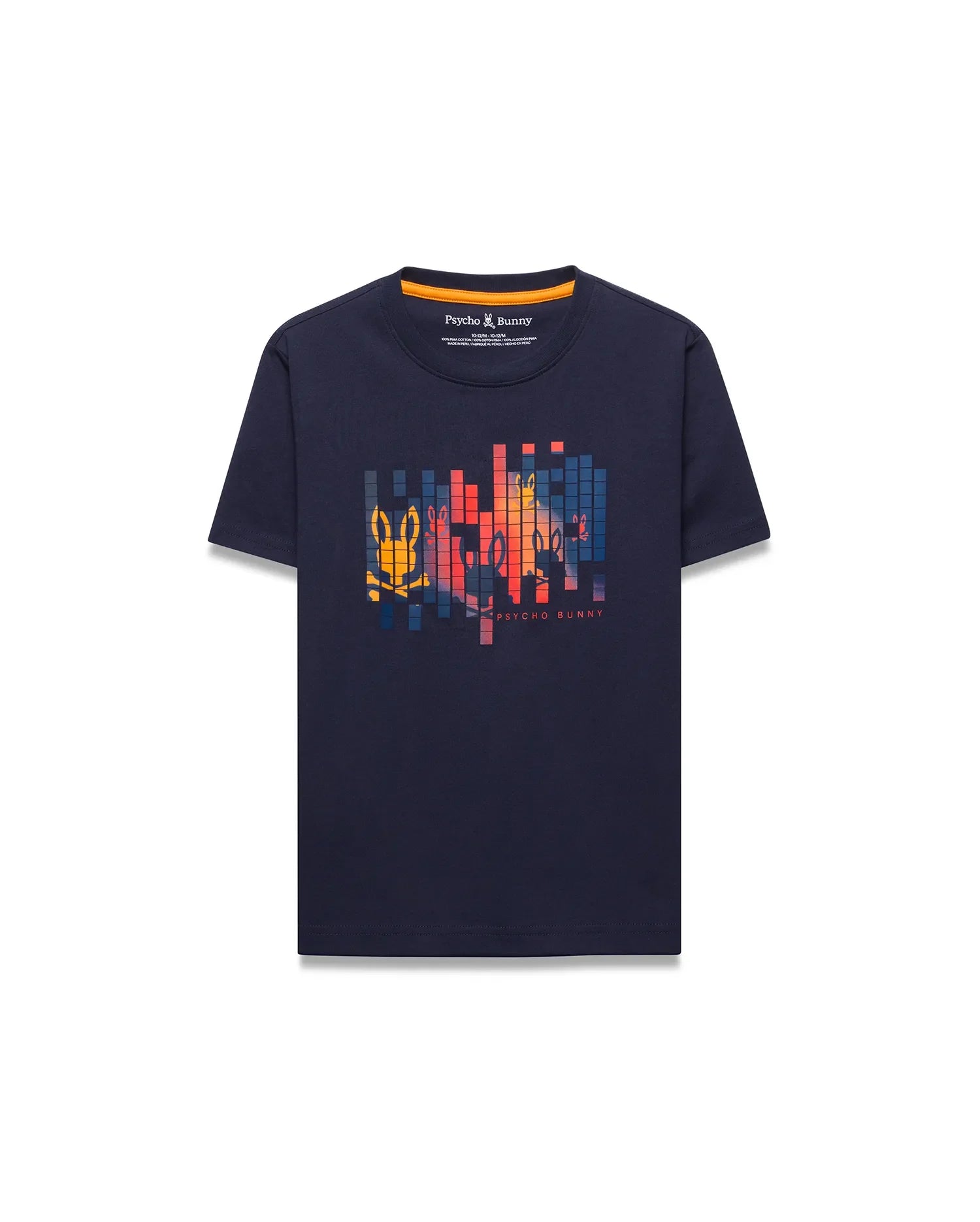 Kids Zander Graphic Tee in navy blue jersey, classic fit, with a large pixelated Psycho Bunny skull logo graphic in yellow, orange, red, blue, and brand text on the chest, plus orange neck tape.