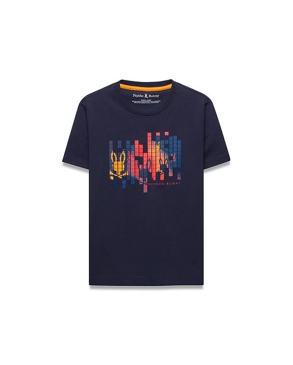 Kids Zander Graphic Tee in navy blue jersey, classic fit, with a large pixelated Psycho Bunny skull logo graphic in yellow, orange, red, blue, and brand text on the chest, plus orange neck tape.
