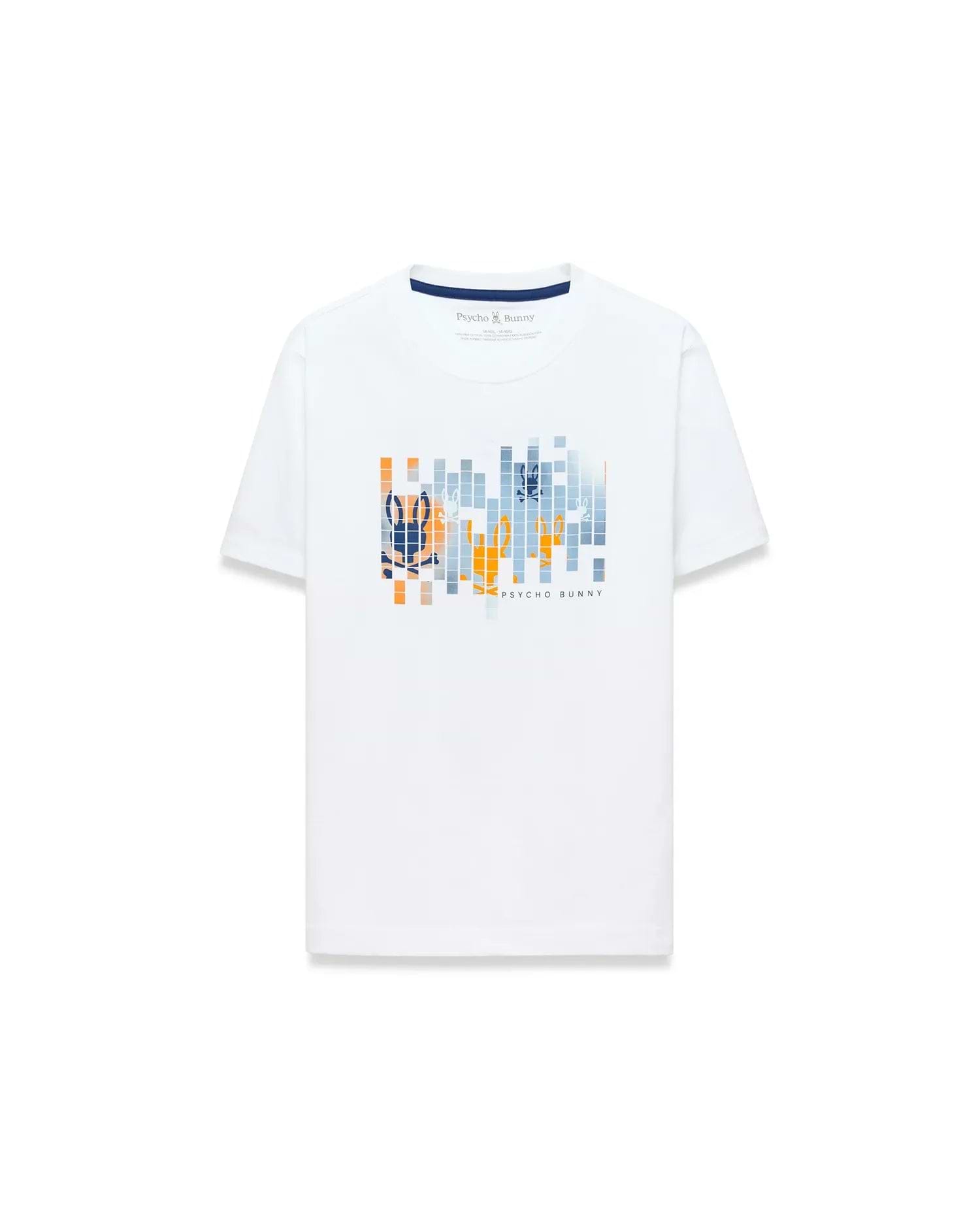 White Kids Zander Graphic Tee, classic fit jersey knit, featuring a large pixelated orange and blue Psycho Bunny skull logo graphic on the chest with Psycho Bunny text below.