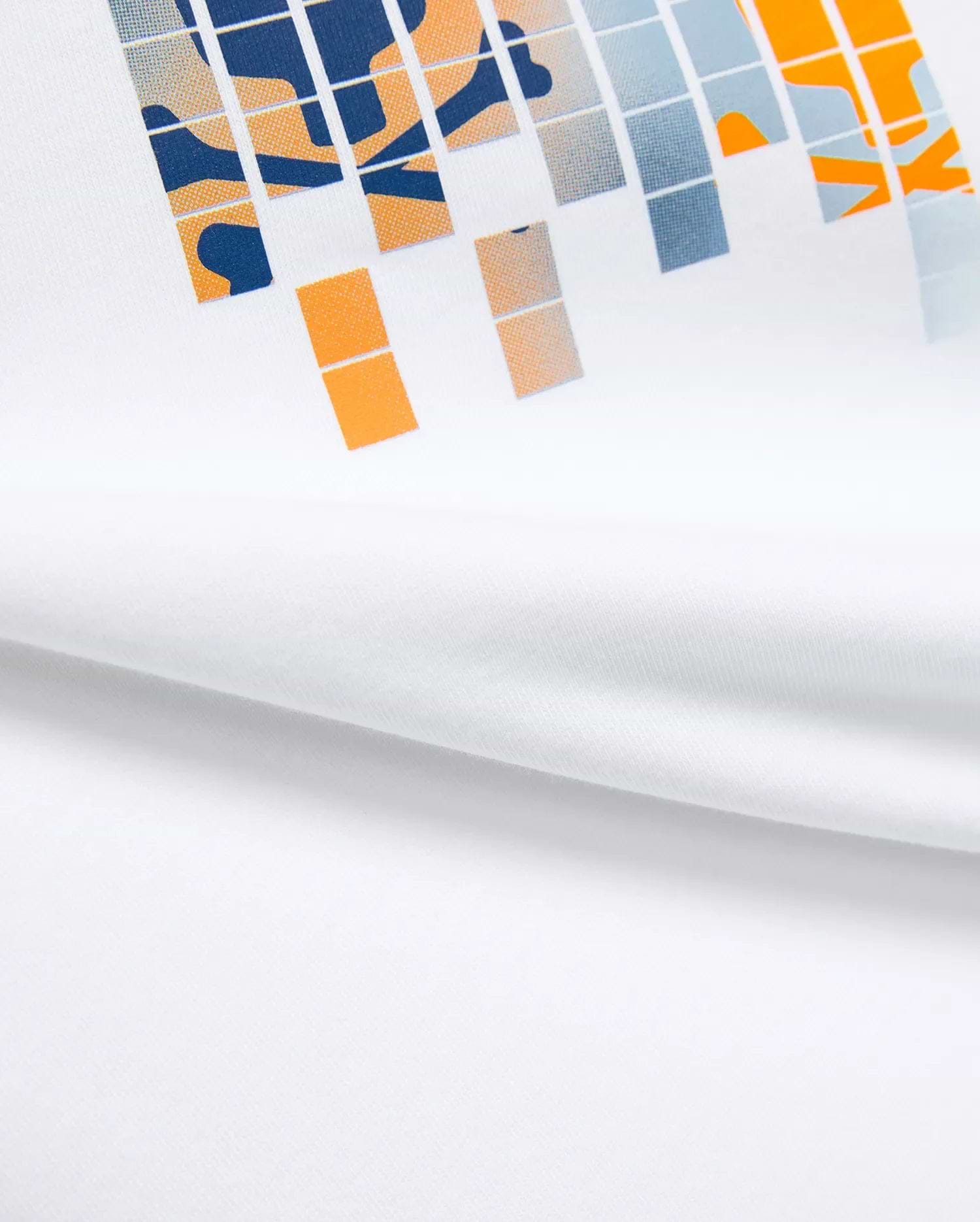 Kids Zander Graphic Tee, white jersey t-shirt with a large, bold pixelated chest graphic in navy, orange, and light blue, featuring abstract shapes for a modern streetwear look.