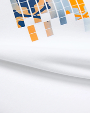 Kids Zander Graphic Tee, white jersey t-shirt with a large, bold pixelated chest graphic in navy, orange, and light blue, featuring abstract shapes for a modern streetwear look.