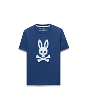 Kids Emmanuel Graphic Tee in deep navy blue jersey, featuring a classic fit and a prominent white distressed Psycho Bunny skull and crossbones graphic on the chest.
