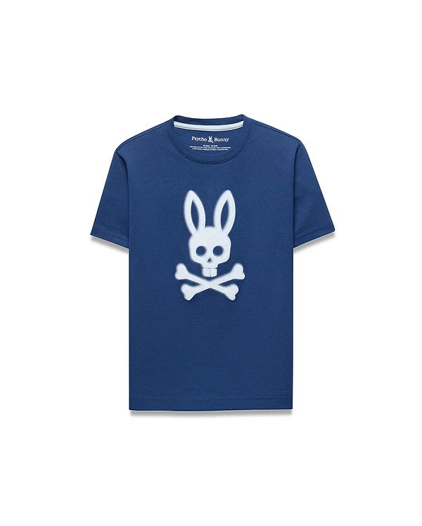 Kids Emmanuel Graphic Tee in deep navy blue jersey, featuring a classic fit and a prominent white distressed Psycho Bunny skull and crossbones graphic on the chest.
